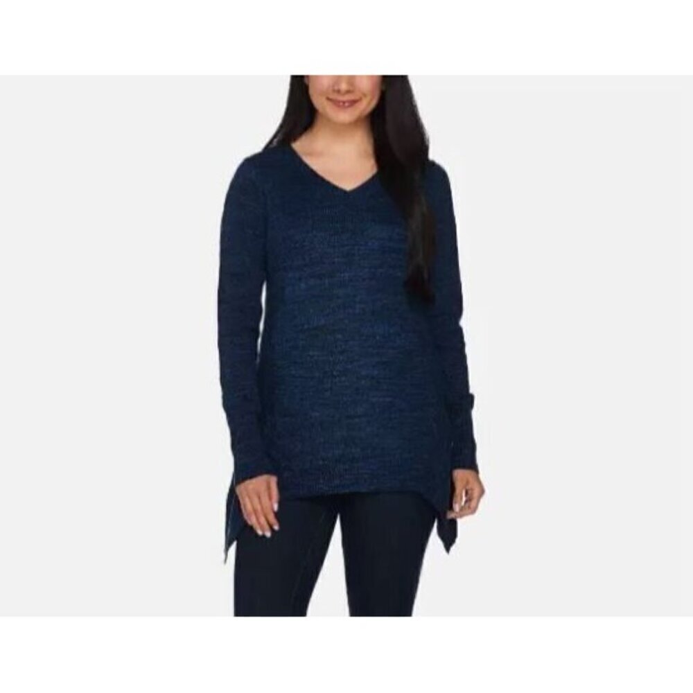 LOGO by Lori Goldstein Sweater Womens XL Marine Blue V Neck Cotton Cashmere